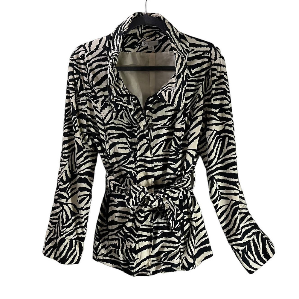 Puli SZ L Zebra Print Jacket Full Zip Rolled Collar Lightweight Snap Button